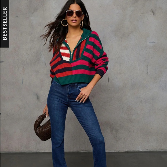 Vici Snuggle Up Quarter Zip Sweater Stripe Sweater Size Small Red Black Green - Picture 4 of 10